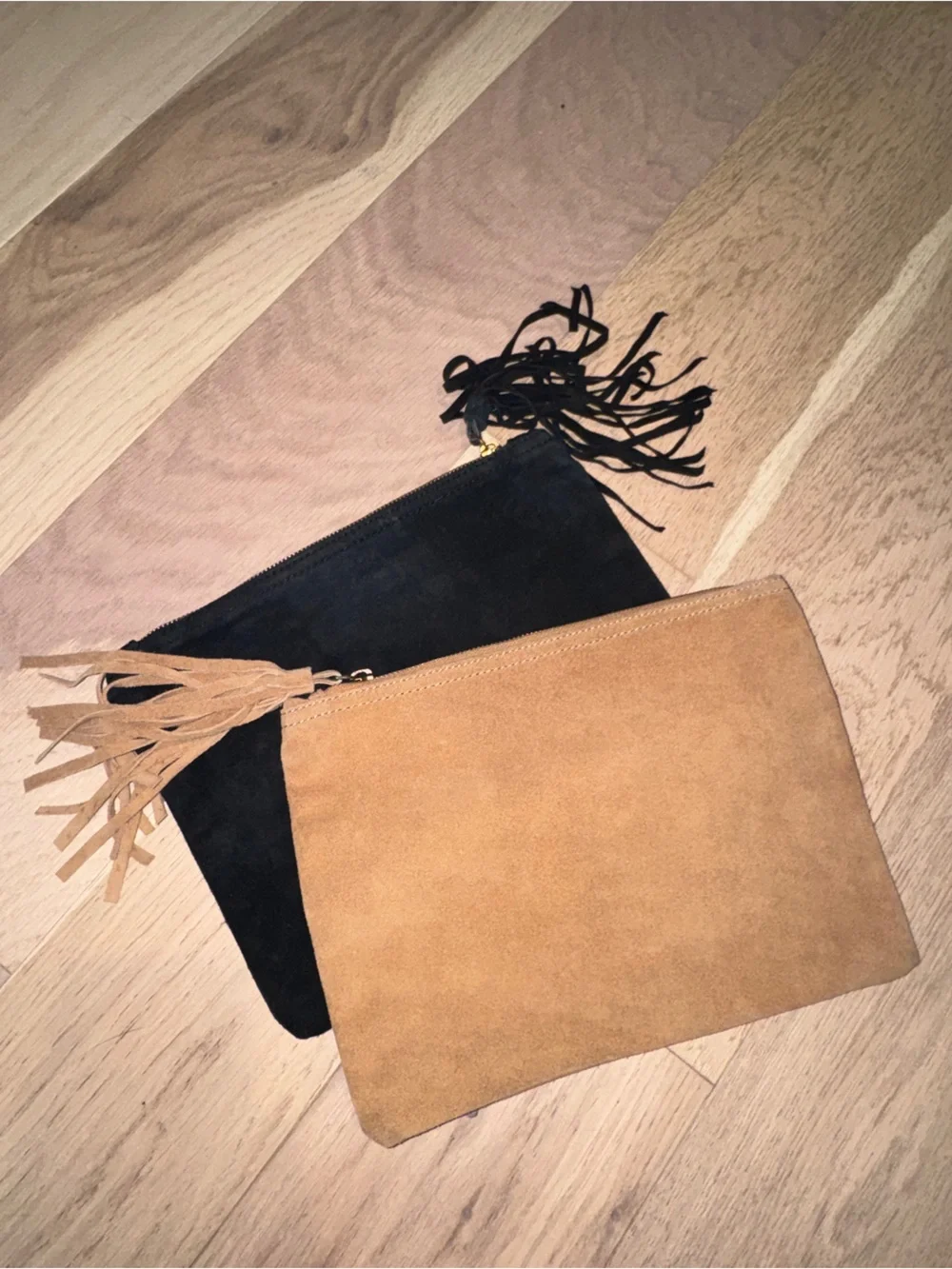 Suede Tassel Clutch Duo - Tan and Black